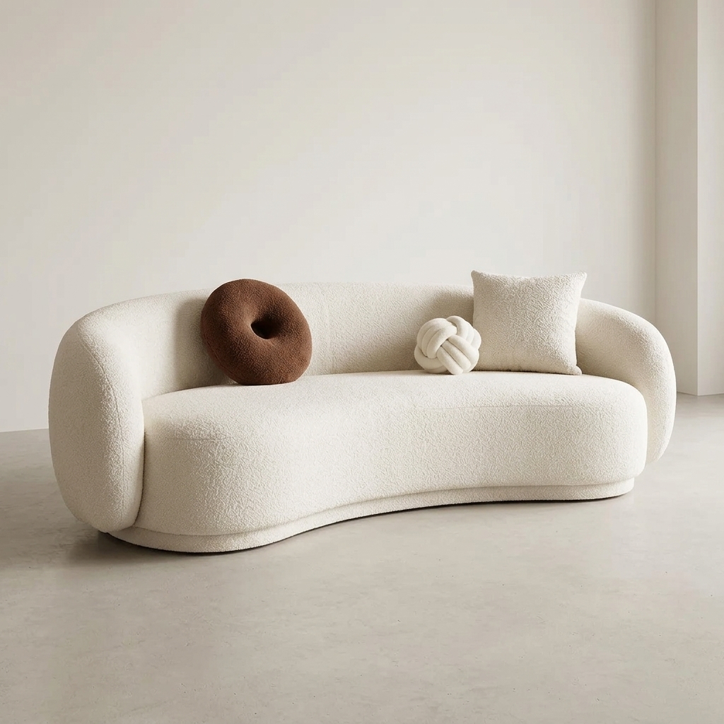 Sofá Curvo Bouclé Blanco Orgánico, Sofás de Diseño